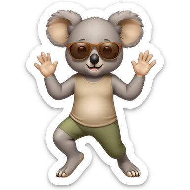 friendly anthropomorphised koala in casual clothing, wearing dark sunglasses, jogging upright in relaxed pose sticker