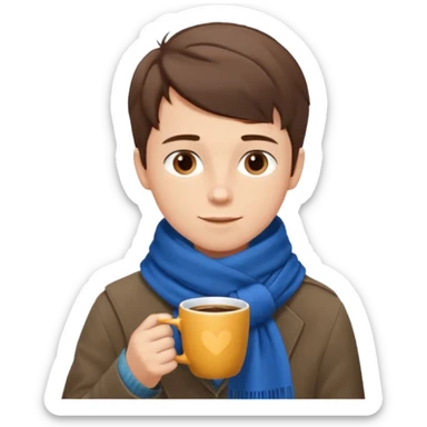 a boy with short hair, having scarf,  drink coffee, enjoy sticker
