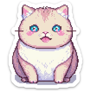 cute pixel art emoji of a small chubby cat sitting down, big sparkling eyes, pink cheeks, happy expression sticker