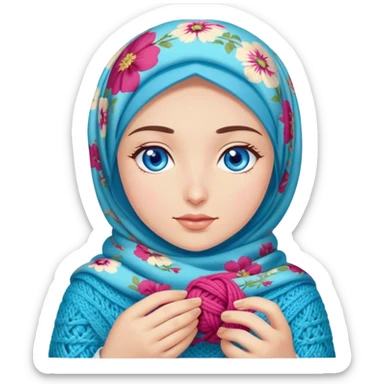Turkish beautiful finish Konya girl blue eyes with floral hijab does knitting  sticker