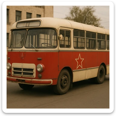 Old Soviet bus, rounded edges, red star emblem, vintage USSR public transport sticker