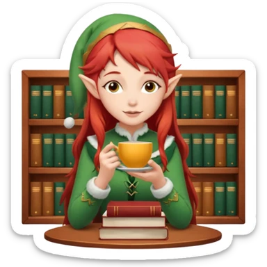 elf-like girl with red hair sipping tea with a stack of books beside her  sticker