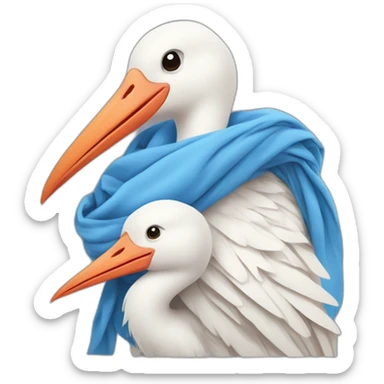 White stork carrying a blue bundle of cloth in its beak that has a human person cute baby with and the human baby head is peeking from the fabric bundle the strok is carrying with its beak sticker