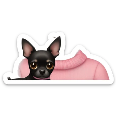 Girl with dark brown curly hair and brown eyes in a pink sweater holding a black chihuahua  sticker