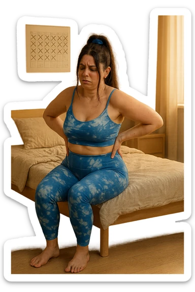 a woman in her 30s sits on the edge of her bed in the morning, holding her lower back with a pained expression. Subtle visual cues, like uneven shoulders or hips, hint at postural asymmetry. The room is softly lit, and a calendar on the wall shows months crossed off, symbolizing chronic pain over the years. sticker