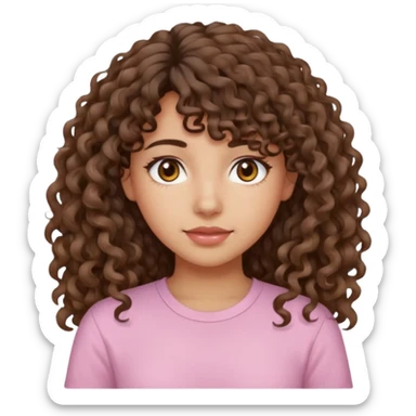 A Latina girl with brown eyes and long loose curly hair with curly bangs with a light pink shirt sticker
