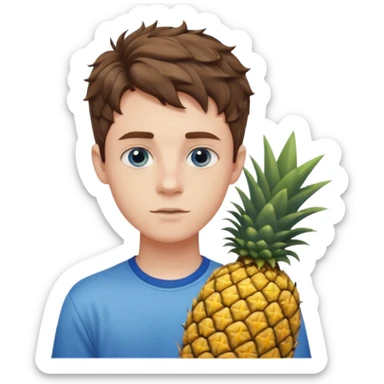 Pale teenage man with short wavy brown hair holding pineapple, prominent jawline, blue eyes sticker