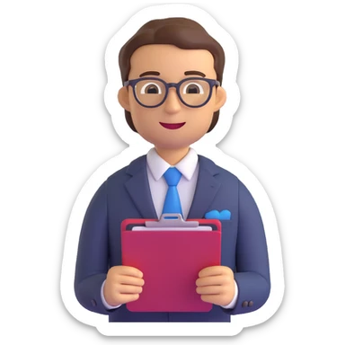 salesman emoji, confident, holding a clipboard, wearing glasses, business suit sticker