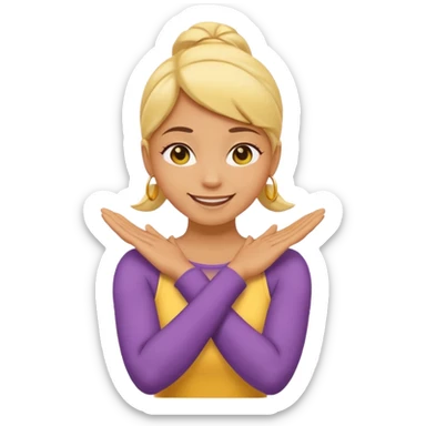 Yellow circle emoji smiling with one eye squinted with arms crossed over her neck, holding neck sticker