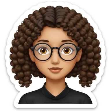 un chica con pelo rizado tiene hecha una coleta y con dos rizos sueltos en la parte de alante que le llega hasta el cuello. luego pil un poco morena ojos marrones y tiene gafas negras y son exagonales pero un poco redondeadas. sticker