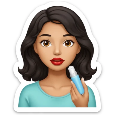 A gorgeous with black wavy hair women applying lipbalm on her brown lips sticker