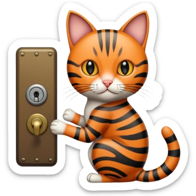A short-tailed striped cat turning a doorknob sticker