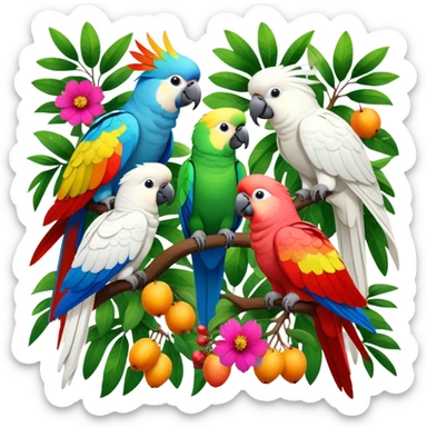 Close-up collage of vibrant Ara parrots and Inca cockatoos sitting on tree branches, surrounded by lush greenery. Bright colors of the birds stand out against a natural, sunny background of trees, flowers and fruits. Transparent background. sticker
