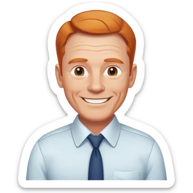 smiling older white man, fit physique, receding ginger hair, approachable and professional look, cheerful and friendly face, wearing a collared shirt sticker