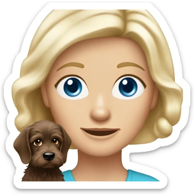 62 year Old blue eyed blonde lady with long straight hair with dark brown Cockapoo puppy dog sticker