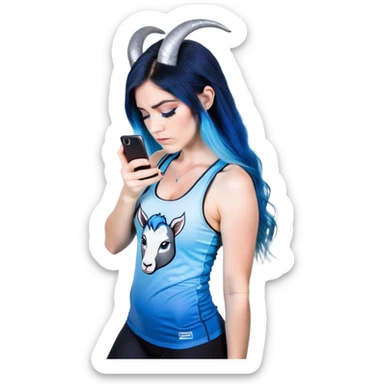 Disapponted-big tears-head back texting on phone-very very large upper body-sexy face-bending forward at waist-very long very straight dark blue to light blue ombre hair-and-blue eyes-thick black eyeliner-cute goat horns-iridescent blue lowcut tanktop with black leggings with glitter superman logo sticker