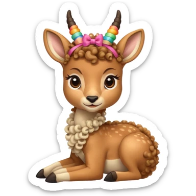 cute gazzelle with curly fur, sitting down, wearing a bow on its head. sticker