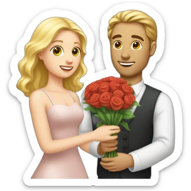 A white man holding a bouquet and proposing a white girl sticker