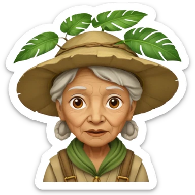 a old woman explorer with jungle wearing a large leaf headgear bye  sticker