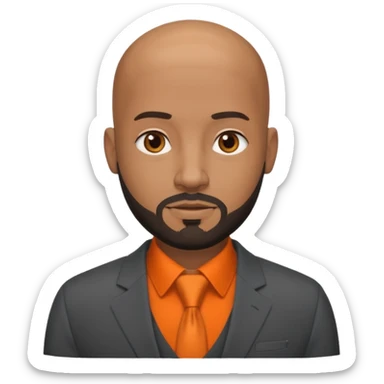 headshot of a sophisticated, stylish, bald head, small eyes Caribbean black man with a beard and goatee in a dark gray suit and orange shirt sticker