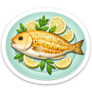 Draw a grilled fish fillet on a plate with lemon slices & herbs. sticker