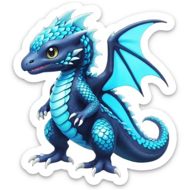 Multicolored dark shiny bioluminescent glowing black and cyan and blue gloomy spooky cute adorable scales-covered pretty cool elegant realistic abyssal exotic Fakémon-Pokémon-Digimon-Trico, full body sticker