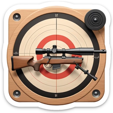 A detailed rifle with iron sights aimed at a target with concentric rings. The target is centered, emphasizing accuracy and focus in sports shooting, with no shooter visible, just the rifle and target in a calm, precision-driven setting sticker