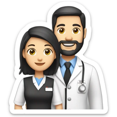 husband american 55 dark hair trimmed beard business suit pastor holding bible, wife asian age 55 black shoulder length hair wearing nurse uniform and nurse cap, no children sticker