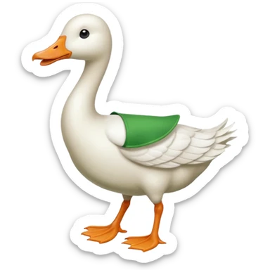 Make me an emoji of a goose that is running towards something. Also make it white. Make it have a very long neck like geese do.

Can you make the goose wear green suspenders sticker