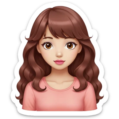 cute woman, light tan skin, big dark brown eyes, very long wavy auburn hair, bangs, pink top, coral lipstick, kawaii pose sticker