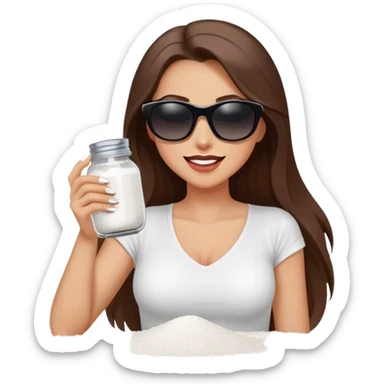 sassy woman with long brown hair and dark sunglasses holding a salt shaker filled with white table salt. She is shaking and sprinkling the salt. She is smirking.  sticker