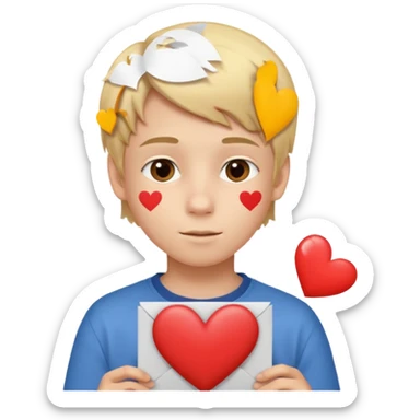Un garçon blond aux yeux marrons de 13 ans qui tient avec ses mains un L avec des cœurs autour de son visage sticker