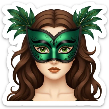 Greeneyed Woman with long brown hair wearing Black venetian mask sticker