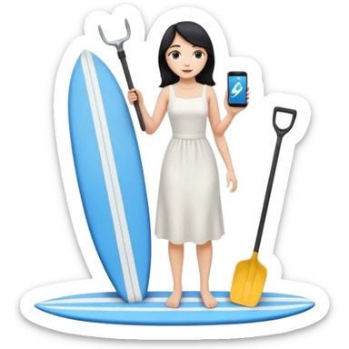 Princess who wearing white dress (woman) black hair holding her phone with her hand and holding long shovel with another hand. Under her feet, there is one blue surfing board. sticker