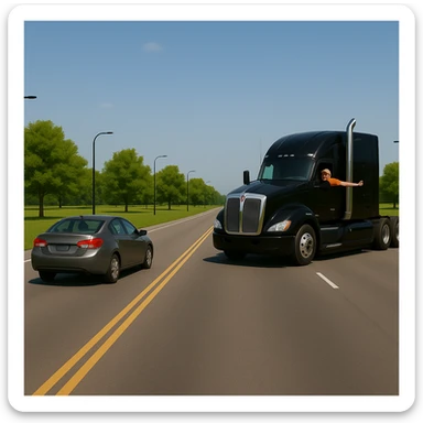 Zoom the scene out a lot farther, making the vehicles much smaller and showing a wide view of the road and landscape. Keep the black Kenworth W680 semi with chrome stack, angry bald driver in orange shirt and baseball cap, arm out the window, following a car. Scene should remain bright and vibrant. sticker