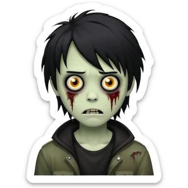 boy zombie with black medium-long emo shaggy hair, dark and spooky, creepy expression, cartoonish sticker