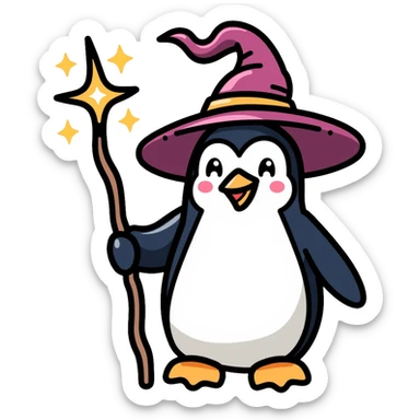 Penguin dressed as a wizard with a magical wand and pointy wizard hat sticker