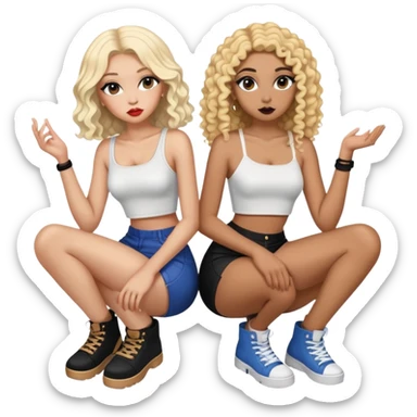 Full body of two teenage girls sitting together, one white with straight blonde hair and one brown-skinned with curly black hair, both with heavy makeup, big lips, crop tops and choni style clothing sticker