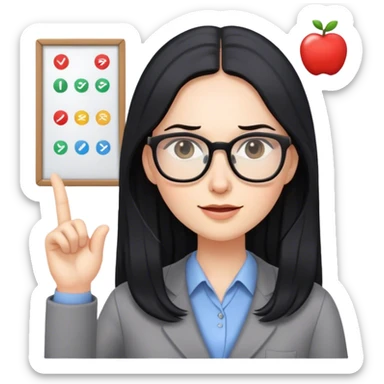 pale female teacher with long black hair, wearing glasses teaching language sticker