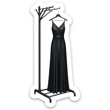 metal clothing rack with a formal black dress hanging sticker