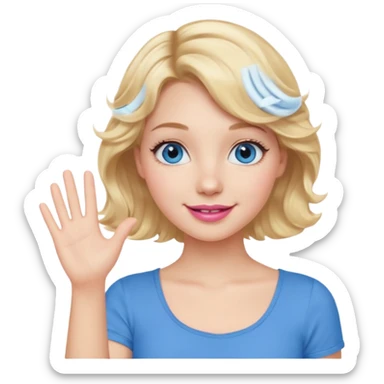 Girl Blonde short wavy hair,  blue eyes, cute blue top, long lashes, pink lips, waving hello  sticker