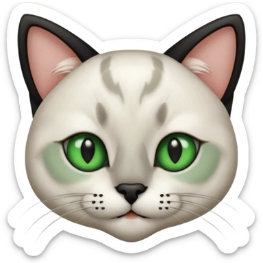 Haz una gata de ojos verdes la cara blanca con mancha negra en las orejas que agarra parte de la frente del lado der pero del iz va desde el ojo hasta la oreja la mancha, tiene la nariz negra en forma de corazón y todo lo que sobra de la cara, barbilla la nariz arriba y el lado de bigotes es blanca sticker