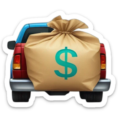 big bag with a dollar sign on it being transported on the back of a pickup truck sticker