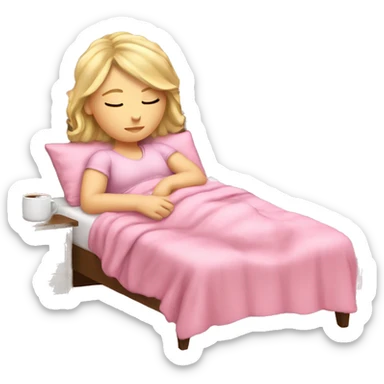 A white girl sleeping cozy in her pink bed sticker