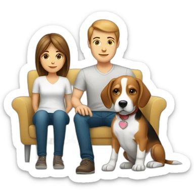 Brown hair White boy and girl with beagle Sit on couch sticker