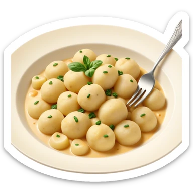 Gnocchi Cinematic Realistic Gnocchi Dish Emoji, depicted as tender potato dumplings garnished with iconic fork marks on top, rendered with soft textures and warm, inviting lighting. sticker