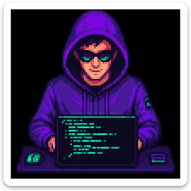 Make the pixel art hacker actively coding on a laptop, with glowing code on the screen, keep the pixel art style sticker