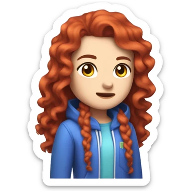 a white girl with long red curly hair, wearing periwinkle Minecraft hoodie playing a videogame sticker
