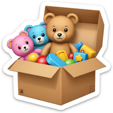 cardboard box with toys sticker