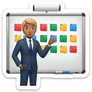 Create a realistic emoji of a person making some decisions in front of a grounp while standing in a office. the team is sitting while the leader stands next to a white board sticker